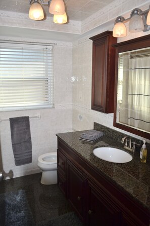 A bathroom with a toilet, sink, vanity, and a window with blinds.