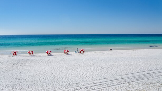 A beach with white sand and clear blue water. There are several red and white umbrellas and lounge chairs. - NEW KITCHEN! BeachFront, Bch Svc, pool, grill, kitchen, wifi (Miramar Beach)