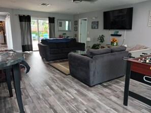 Smart TV, video games, foosball, books