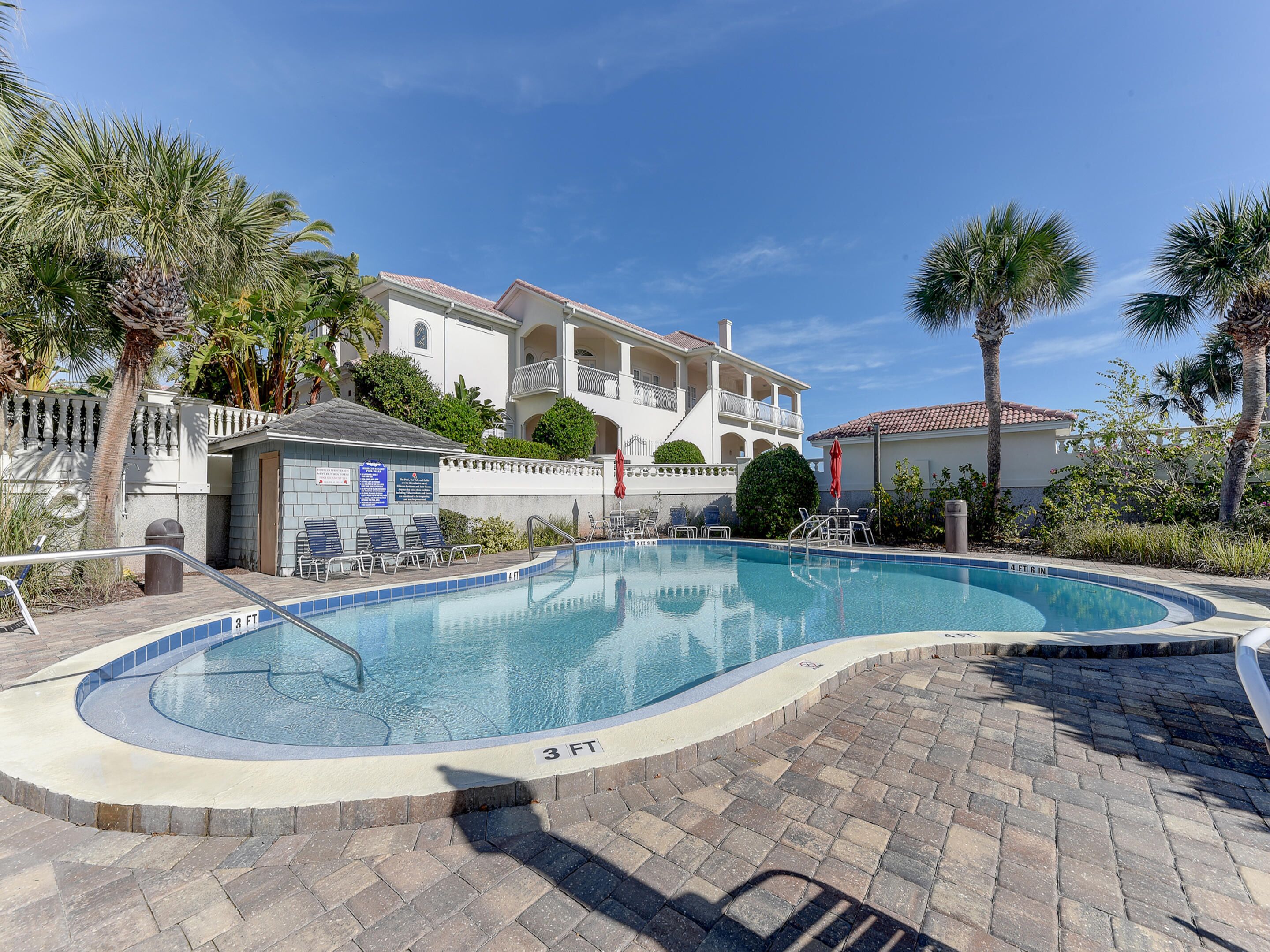 A swimming pool with a 3 FT 6 IN depth marker, surrounded by a paved deck and palm trees.