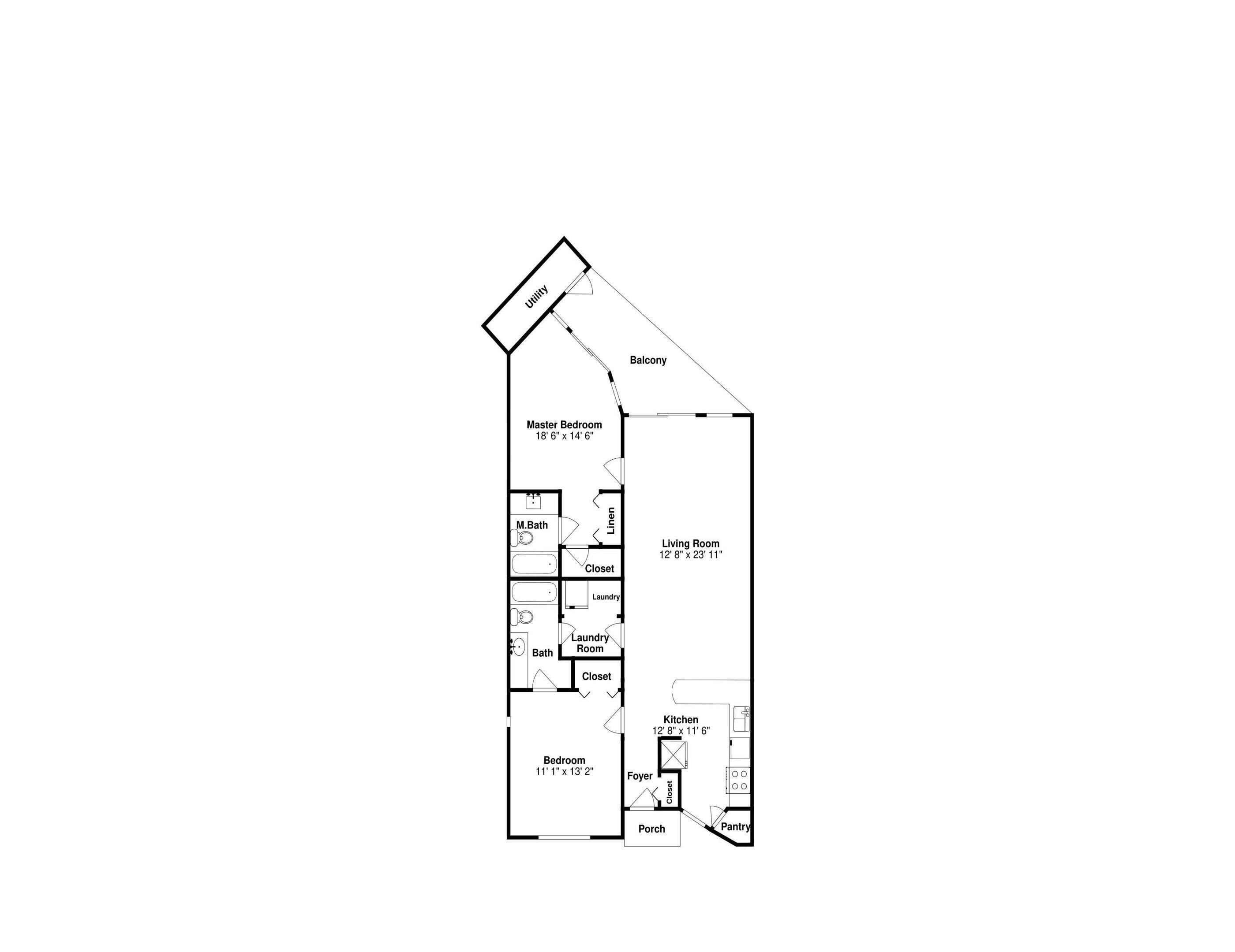 A floor plan of a house with a master bedroom, living room, kitchen, bathroom, and balcony.