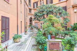 A narrow courtyard with a central tree, potted plants, and a small garden area.