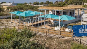 A beachside restaurant with outdoor seating and umbrellas, a thatched-roof structure, and a sign reading "La Punta Punta Prosciutto". - Cosy apartment in villa for 4 people with A/C, WIFI, pool and terrace (Porto Cesareo)