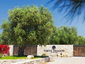 A stone wall with a sign reading "Porto Cesareo Camping" and a large tree in front.