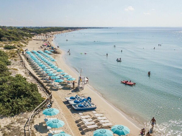 A beach with rows of blue umbrellas and lounge chairs along the shoreline.
