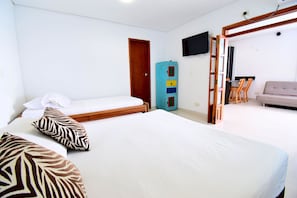 A bedroom with two beds, a wardrobe, a TV, and a sofa.