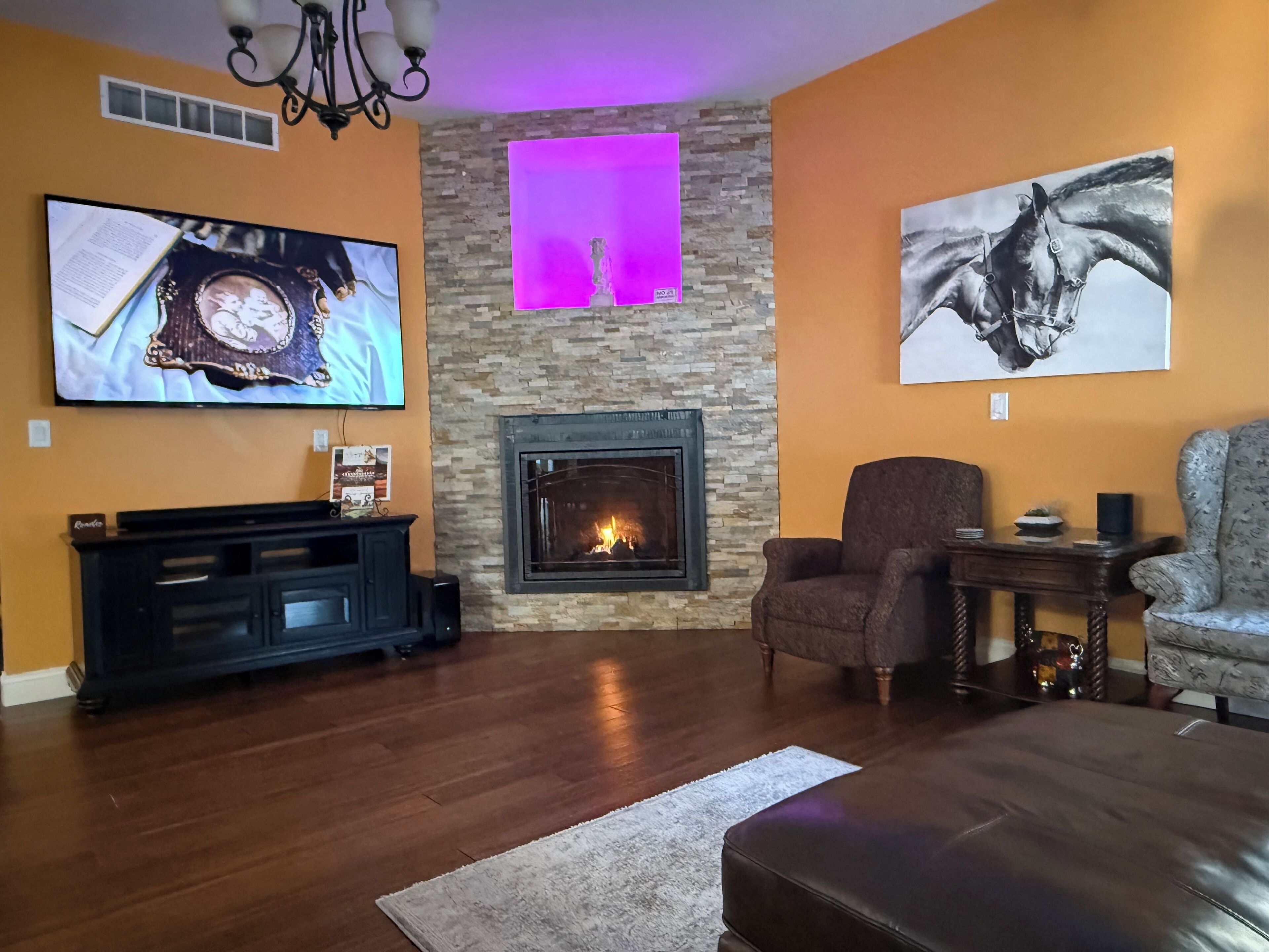 A living room with a fireplace, a television, and artwork on the walls.