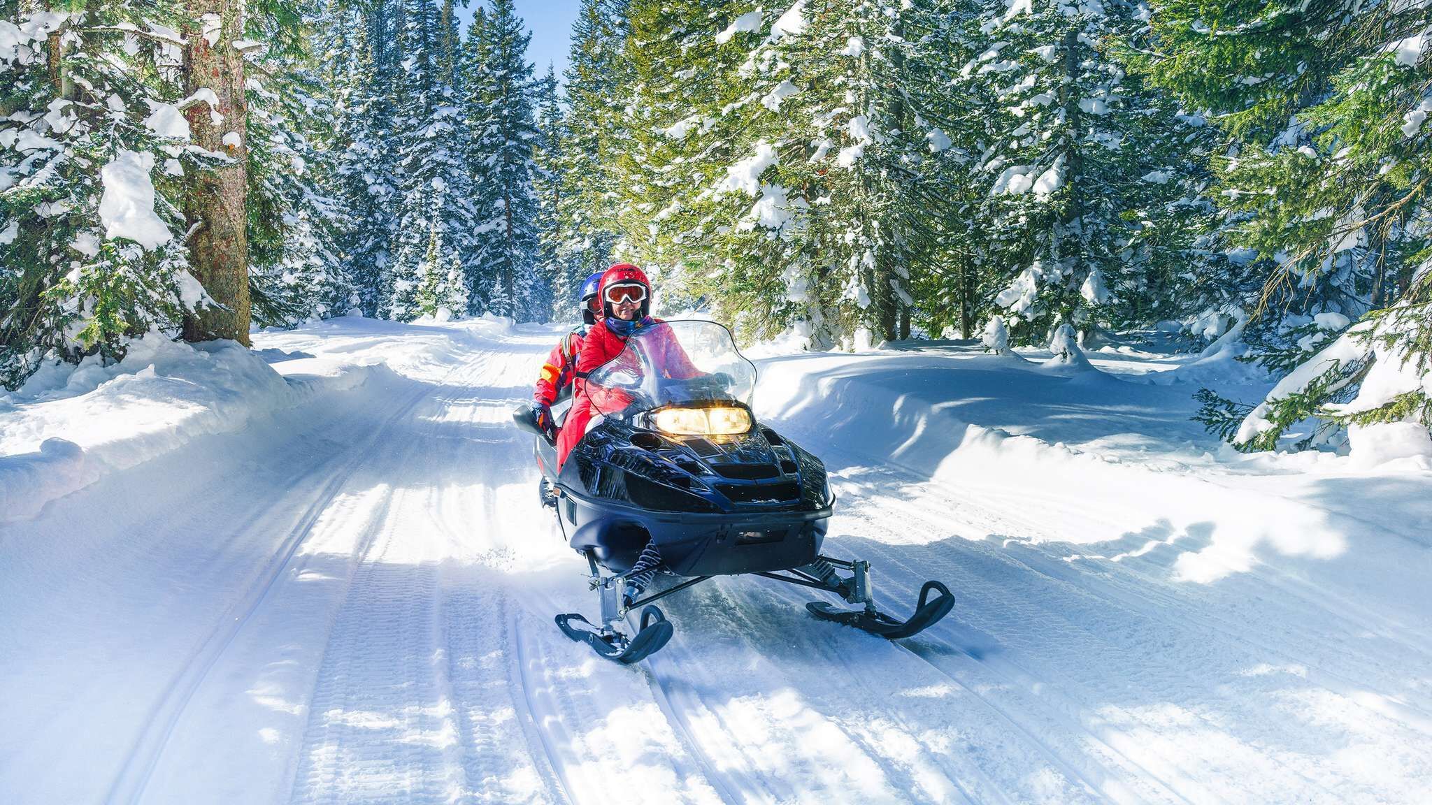A snowmobile on a snowy path surrounded by trees.