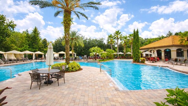 A swimming pool with lounge chairs and umbrellas, surrounded by palm trees and greenery. - 1361 Tuscana (Davenport)