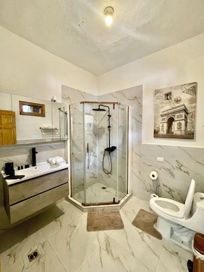 Ensemble douche/baignoire, sèche-cheveux, serviettes fournies, savon