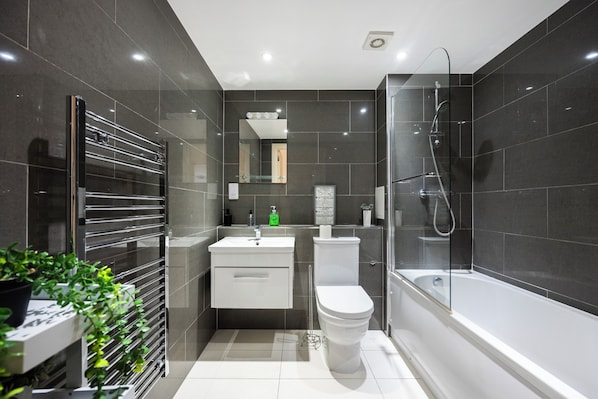 Combined shower/tub, hair dryer, towels, soap