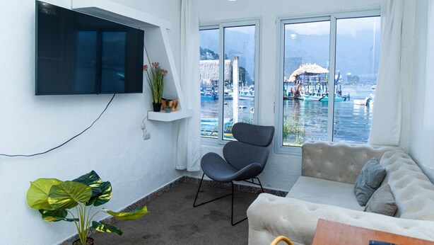 Un salon moderne avec une grande fenêtre, un téléviseur à écran plat, un fauteuil gris, un canapé et une plante en pot.