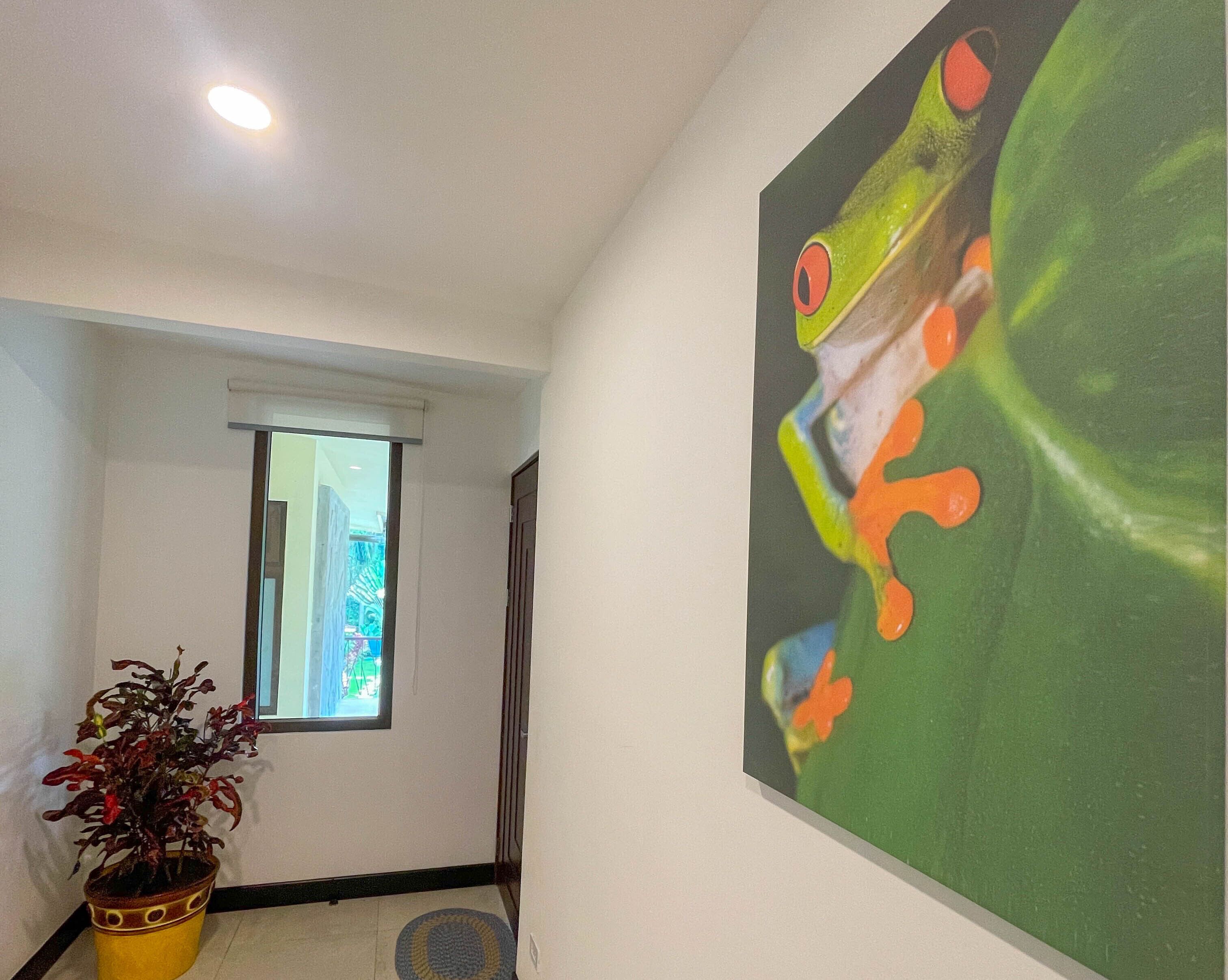 A hallway with a potted plant, a window, and a large painting of a frog.