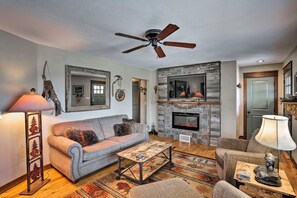 Smart TV, fireplace, books