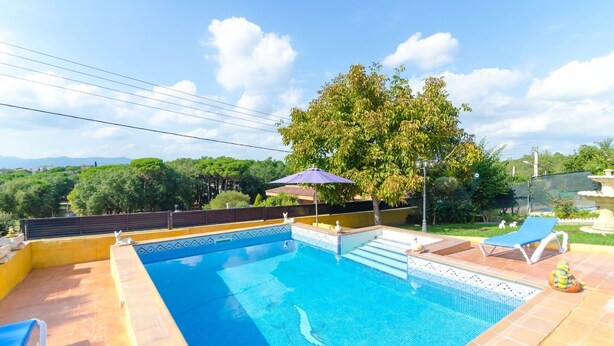 A swimming pool with a tiled edge, a blue lounge chair, and a decorative frog statue. - Club Villamar - Sunny villa with nice garden, fenced swimming pool and barbecue (Sils)