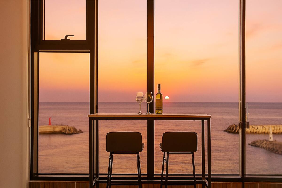 Una habitación con un ventanal grande que da a una puesta de sol sobre el mar, una mesa con dos sillas y una botella de vino.