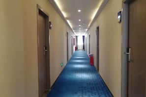 A long, narrow hallway with doors on both sides, a blue carpet, and recessed lighting on the ceiling.