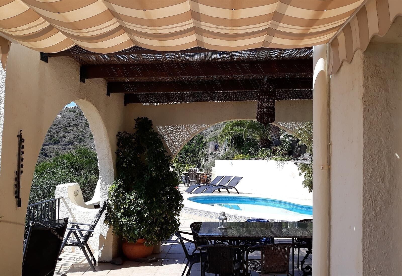 Eine Außenpatio mit Pool, Liegestühlen und einem Topfpflanzen.