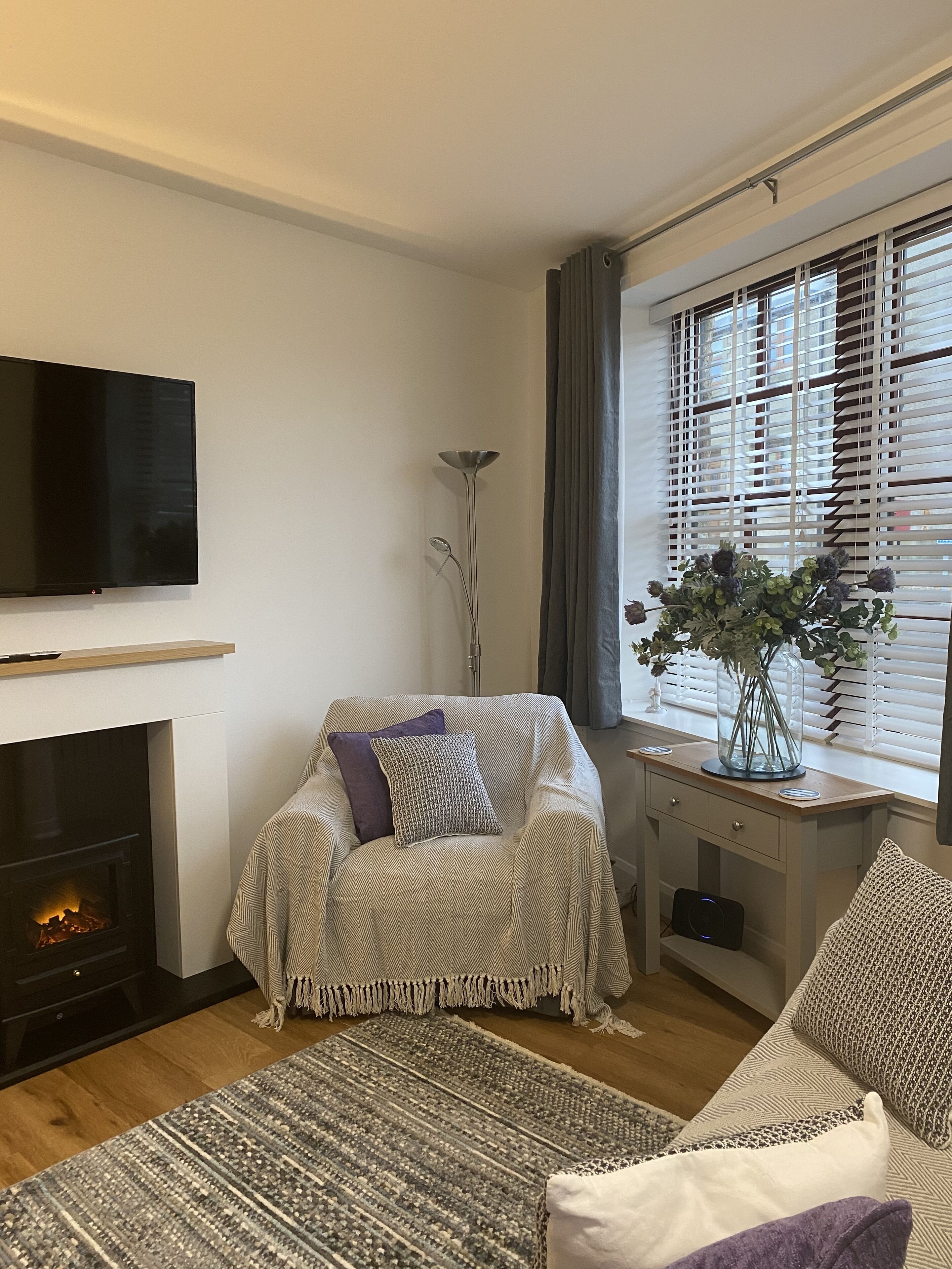 A living room with a fireplace, a sofa, a TV, and a window with blinds.