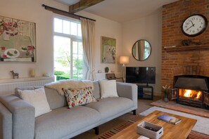 Een smart-tv, een open haard en boeken