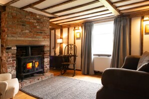 Smart TV, fireplace, books, stereo