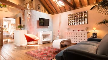 Smart TV, fireplace, books
