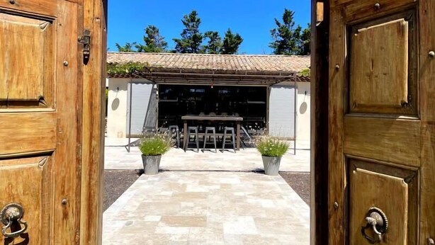 A wooden door leading to a covered outdoor area with a tiled floor and two potted plants. - Beautiful contemporary villa, swimming pool and large garden (Berre-l'Étang)