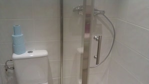 Kylpyhuone, jossa on wc, lasinen suihkuseinä ja wc-paperiteline.