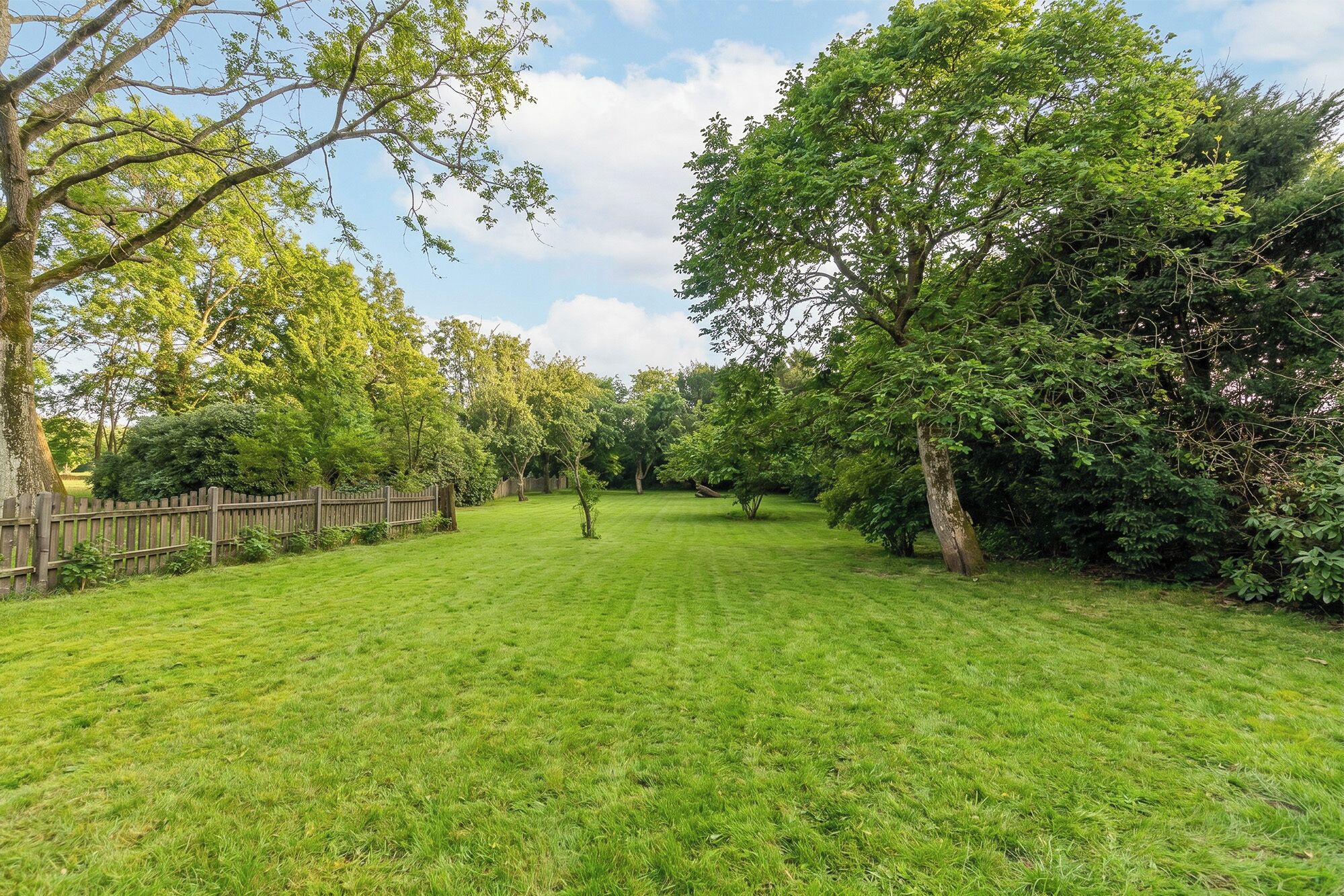 A well-maintained grassy yard with a wooden fence, surrounded by trees and shrubs.