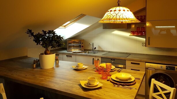 A modern kitchen with a wooden countertop, a built-in oven, a sink, and a washing machine. - Luxury penthouse in the centre of Lerma (Lerma)