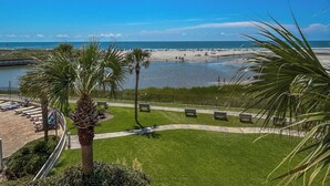 Vista sulla spiaggia con palme, una zona erbosa e un sentiero che conduce alla spiaggia.