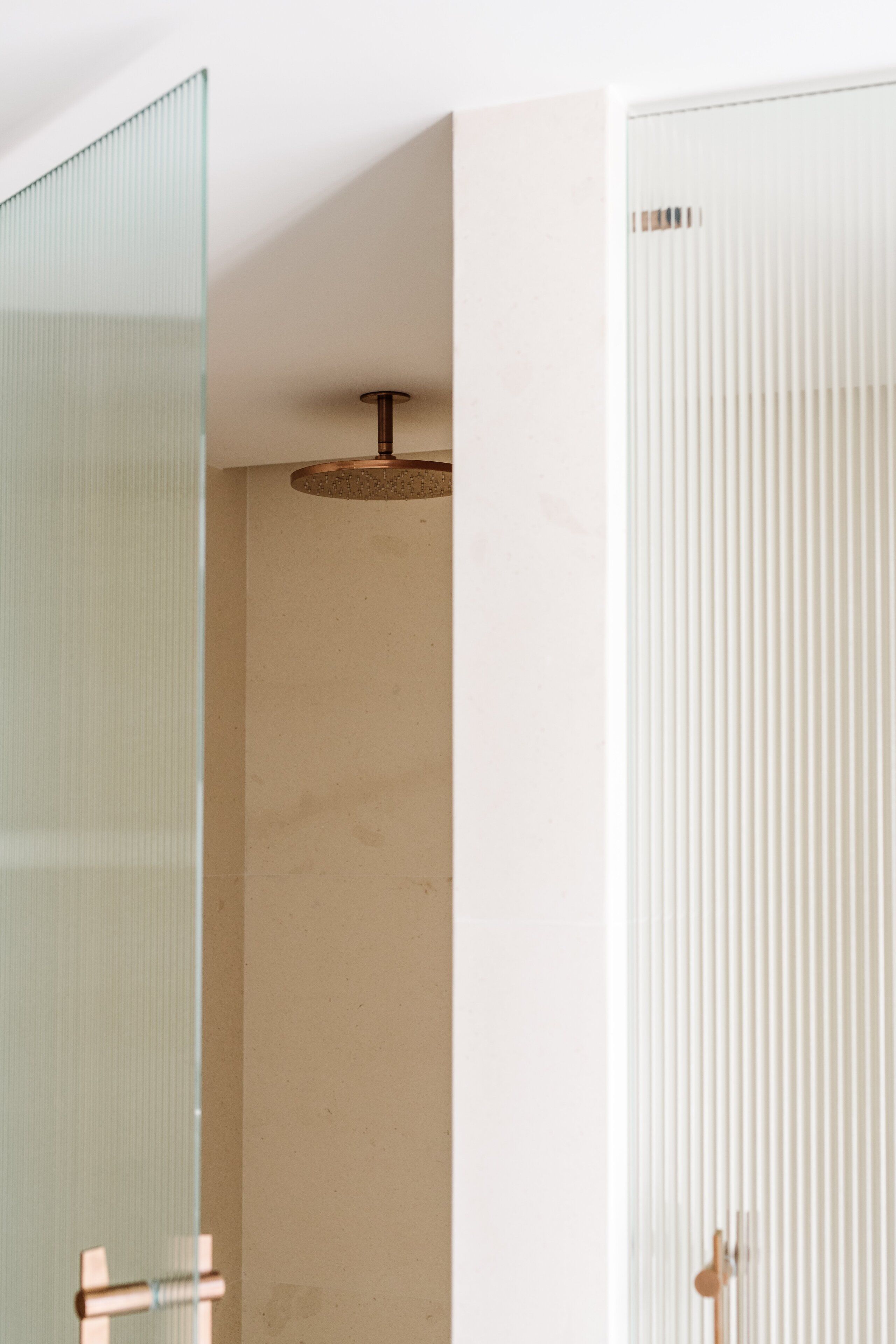 Une salle de bain moderne avec une cloison en verre, une porte en bois et un luminaire au plafond.