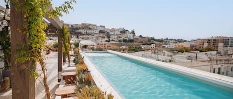 Seasonal outdoor pool, pool loungers