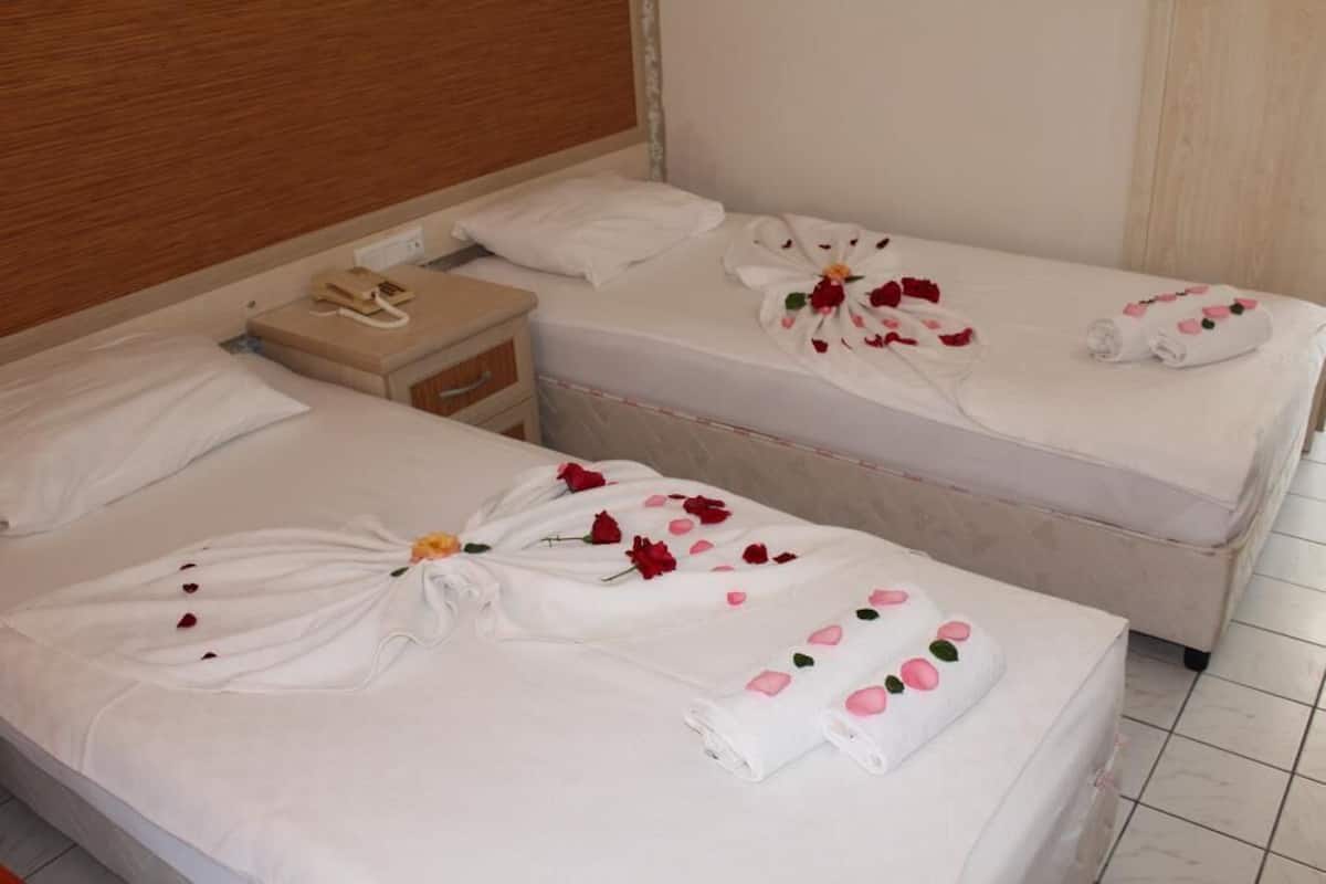 A hotel room with two beds, each adorned with towels and rose petals.