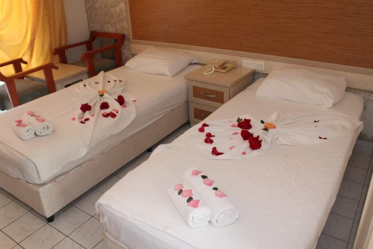 Two neatly made beds with towels and rose petals arranged on them.