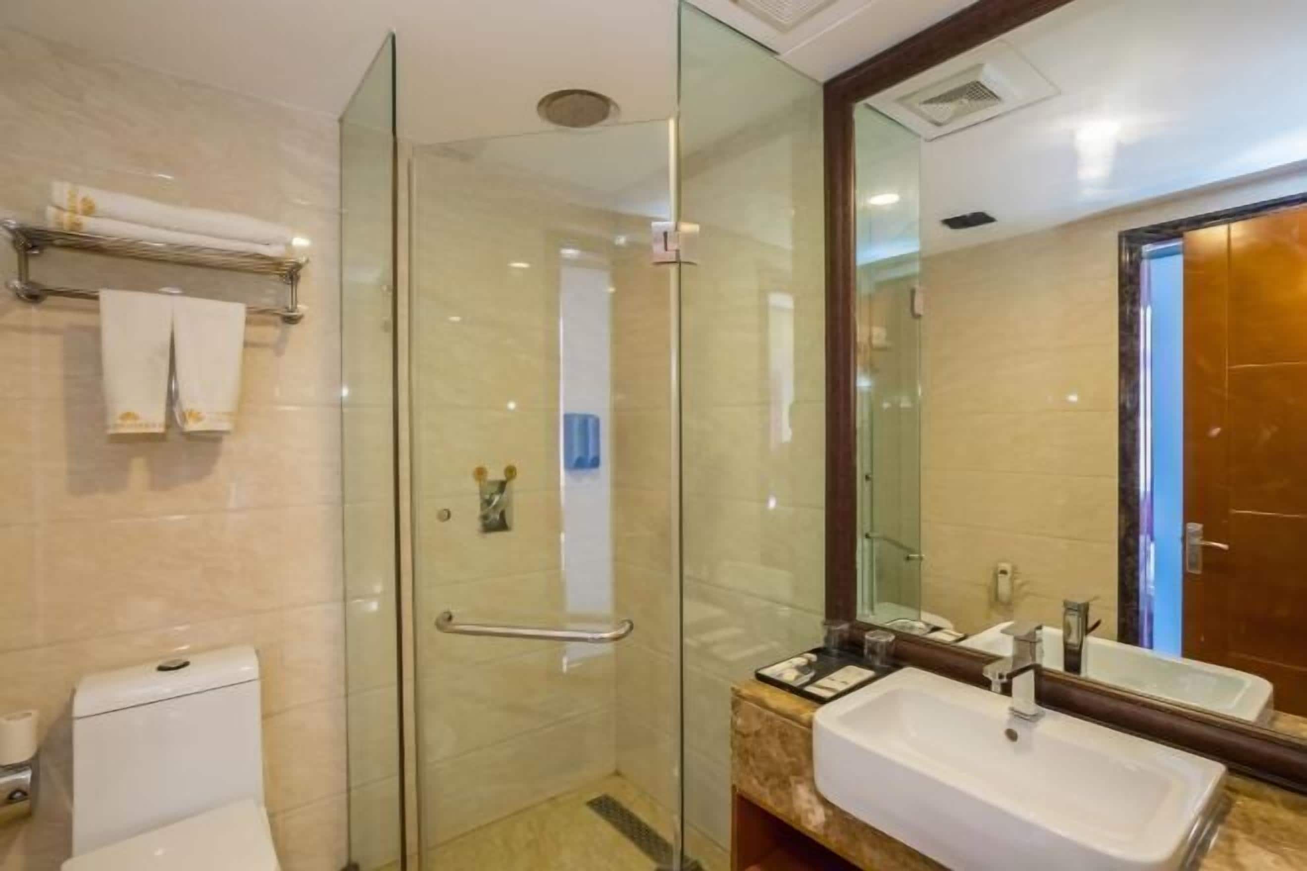 A modern bathroom with a glass shower enclosure, a toilet, a sink with a marble countertop, and a large mirror.