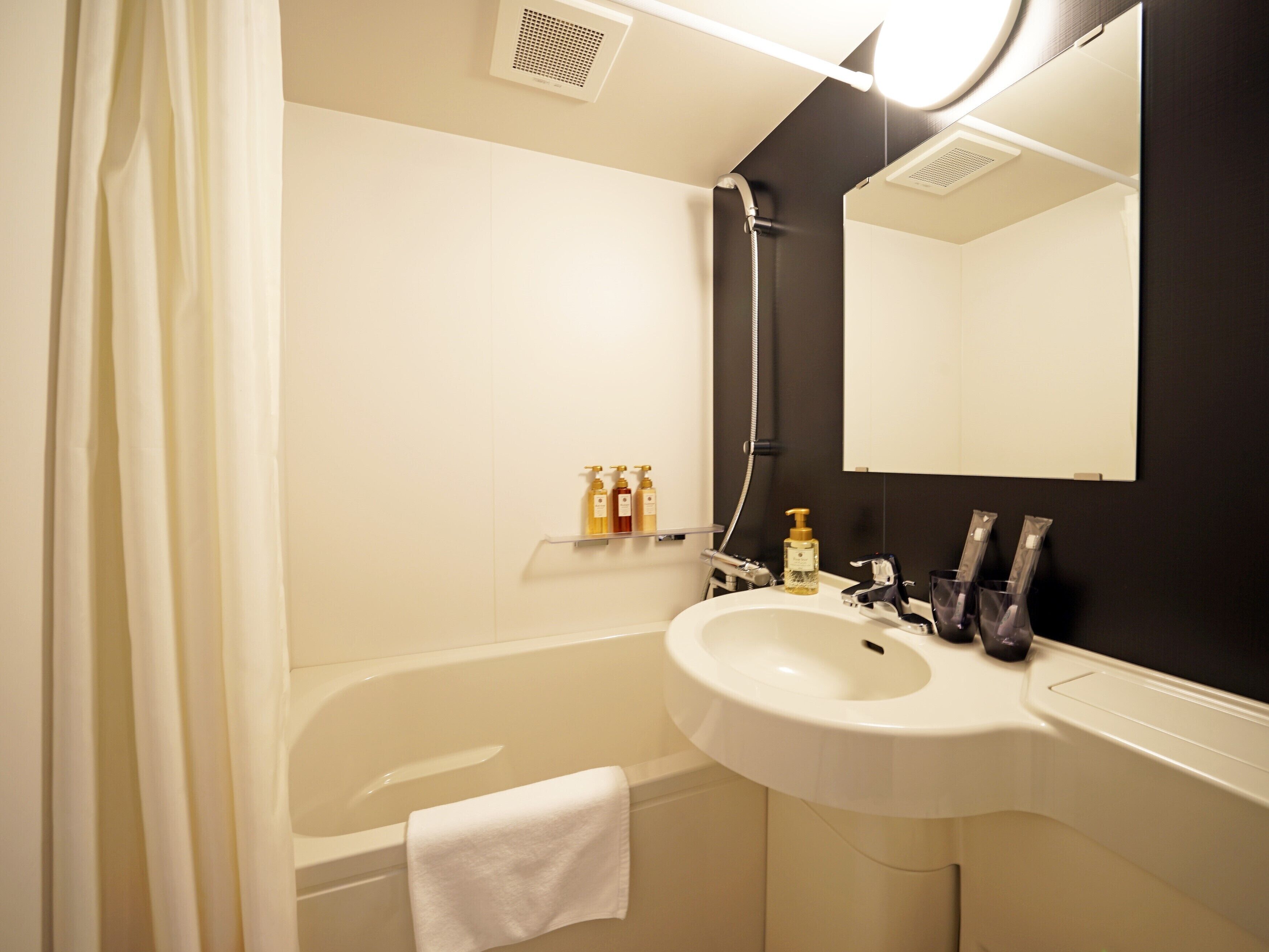 combined shower/bathtub, hair dryer, slippers, towels