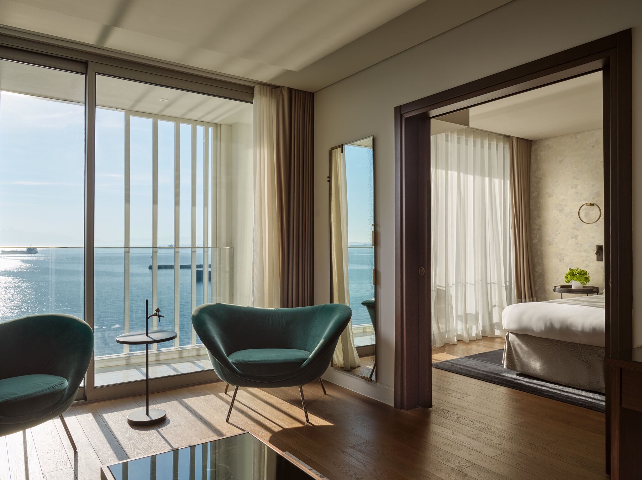 Olympos Suite Sea Front with Balcony | Living area | 40-inch LED TV with satellite channels, TV