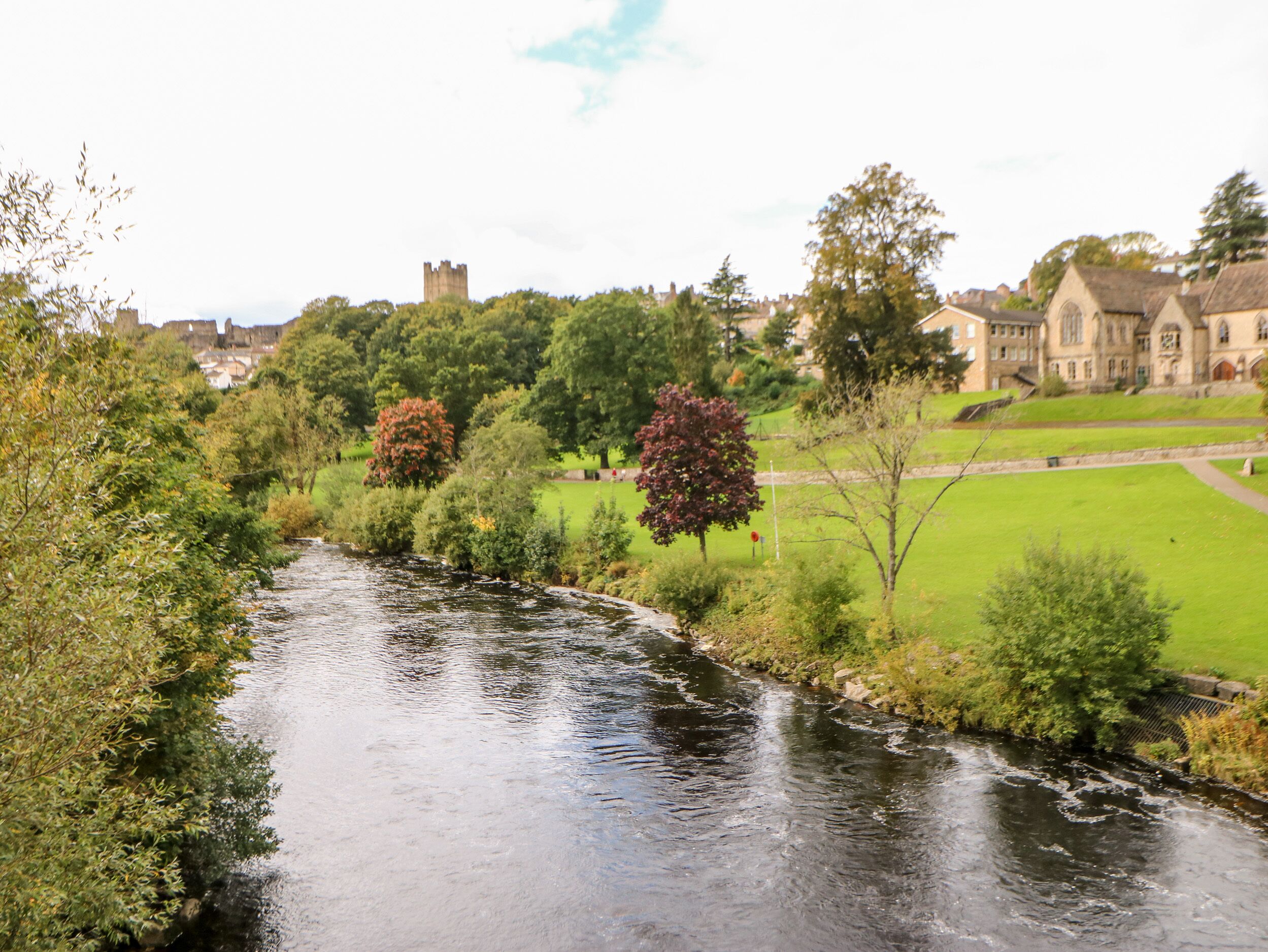 A river flowing through a park with trees and buildings in the background.