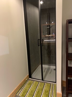 A glass-enclosed shower area with a tiled floor, a wooden step leading up to it, and a green striped rug at the base.