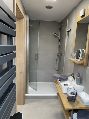 Shower, hair dryer, towels