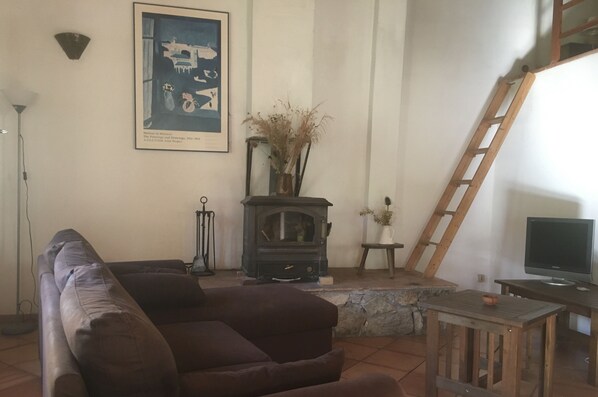 Un salon avec un canapé, une cheminée, une échelle, un téléviseur et un tableau encadré accroché au mur.