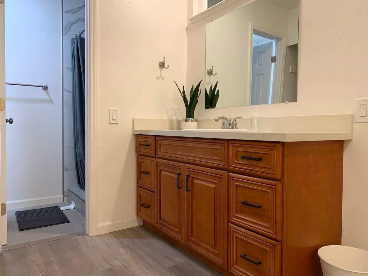 Une salle de bain avec un meuble-lavabo en bois, un miroir, une plante et un espace douche.