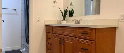 Une salle de bain avec un meuble-lavabo en bois, un miroir, une plante et un espace douche.
