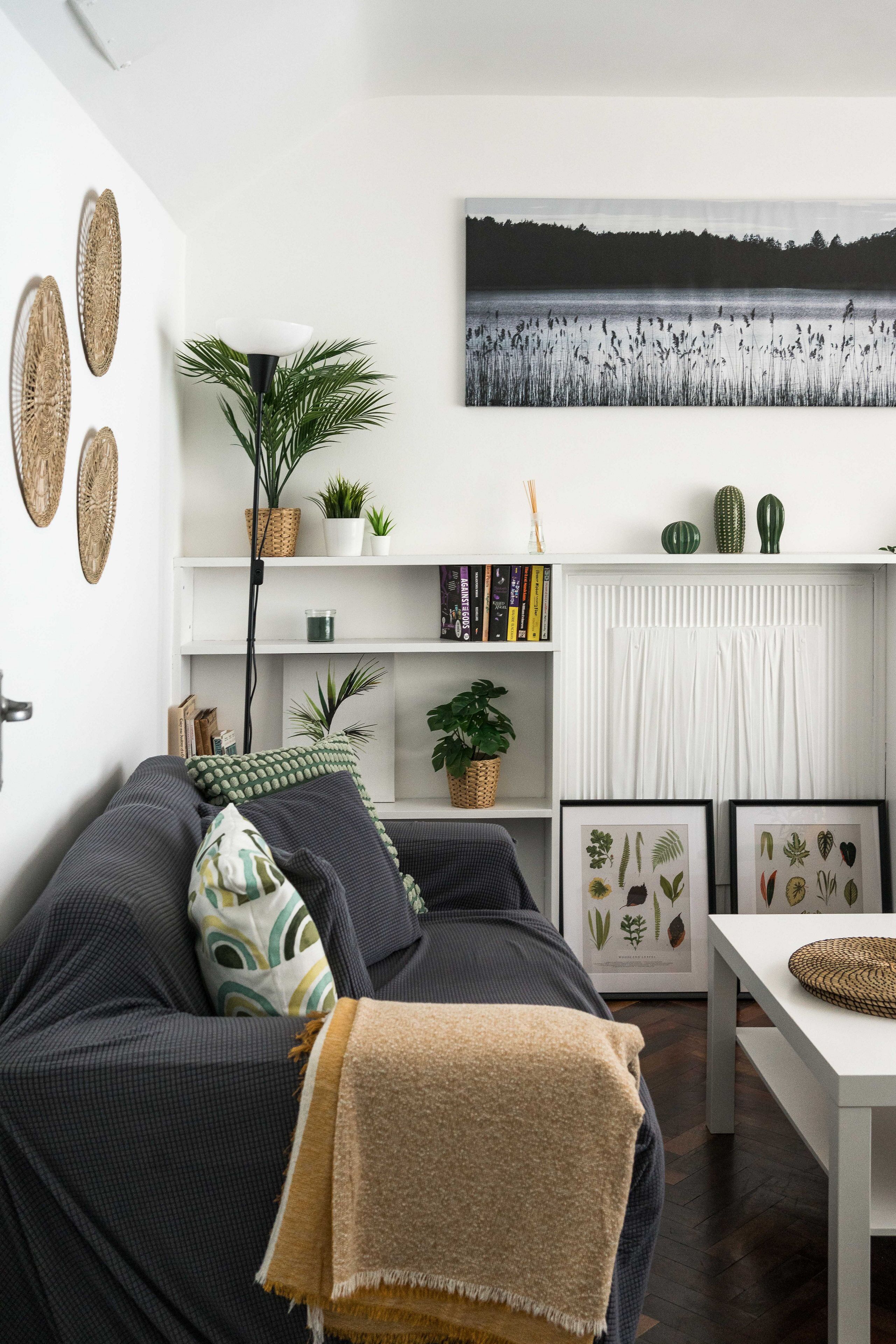 A modern living room with a dark sofa, a white table, and a bookshelf with plants and books.