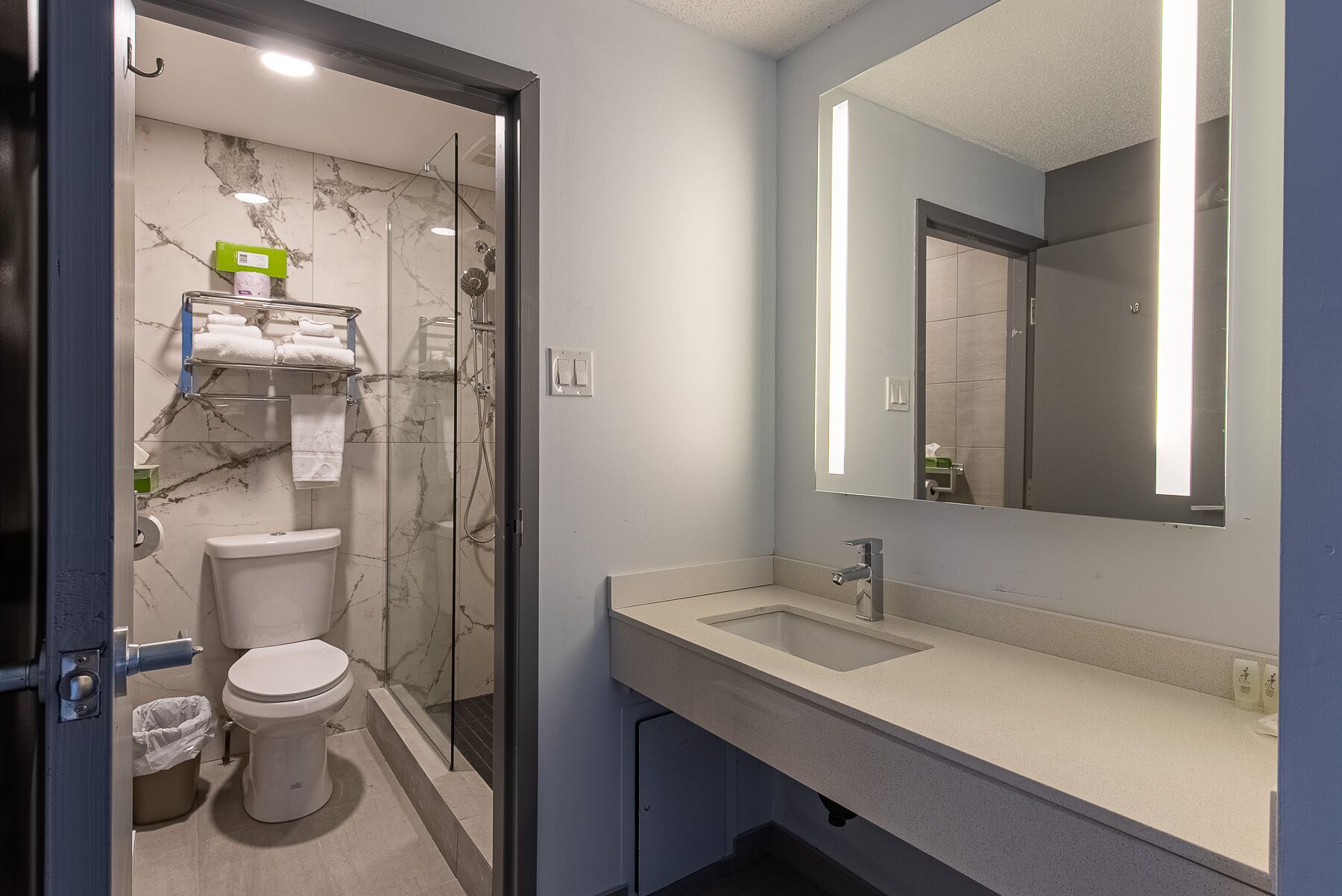 A modern bathroom with a glass-enclosed shower, a toilet, and a sink with a mirror above it.