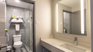 Un baño moderno con ducha envuelta en vidrio, inodoro, tocador con lavamanos y un espejo grande.
