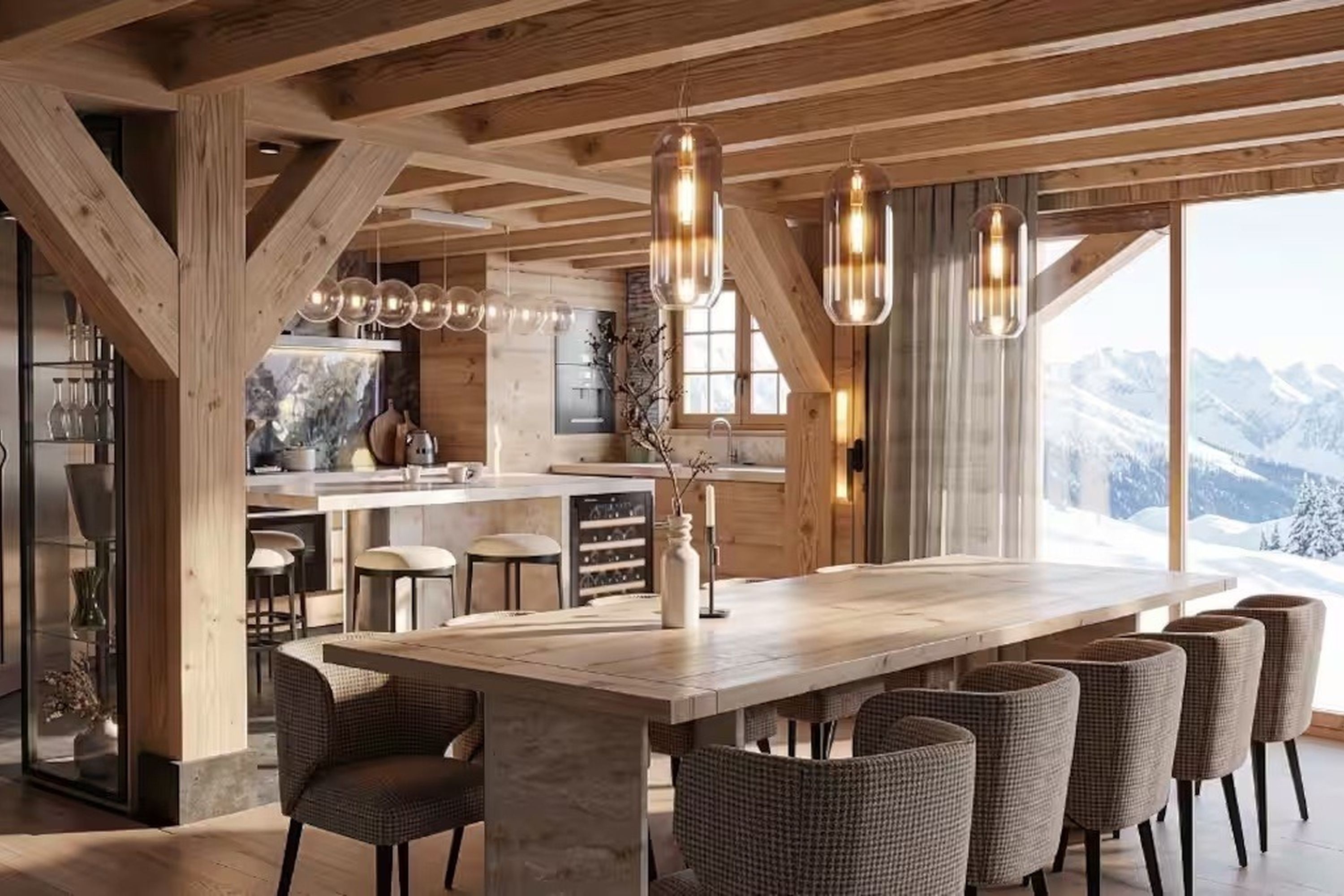 A modern kitchen with a large island, wooden beams, and hanging pendant lights.