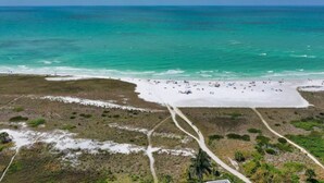 Une vue aérienne d’une plage, avec un chemin dégagé menant au rivage, entourée de végétation et bordée par une mer calme.
