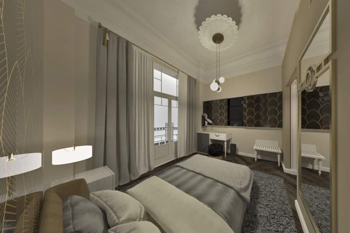 Un dormitorio con una cama grande, un tocador con espejo, un aparador y una ventana con cortinas.